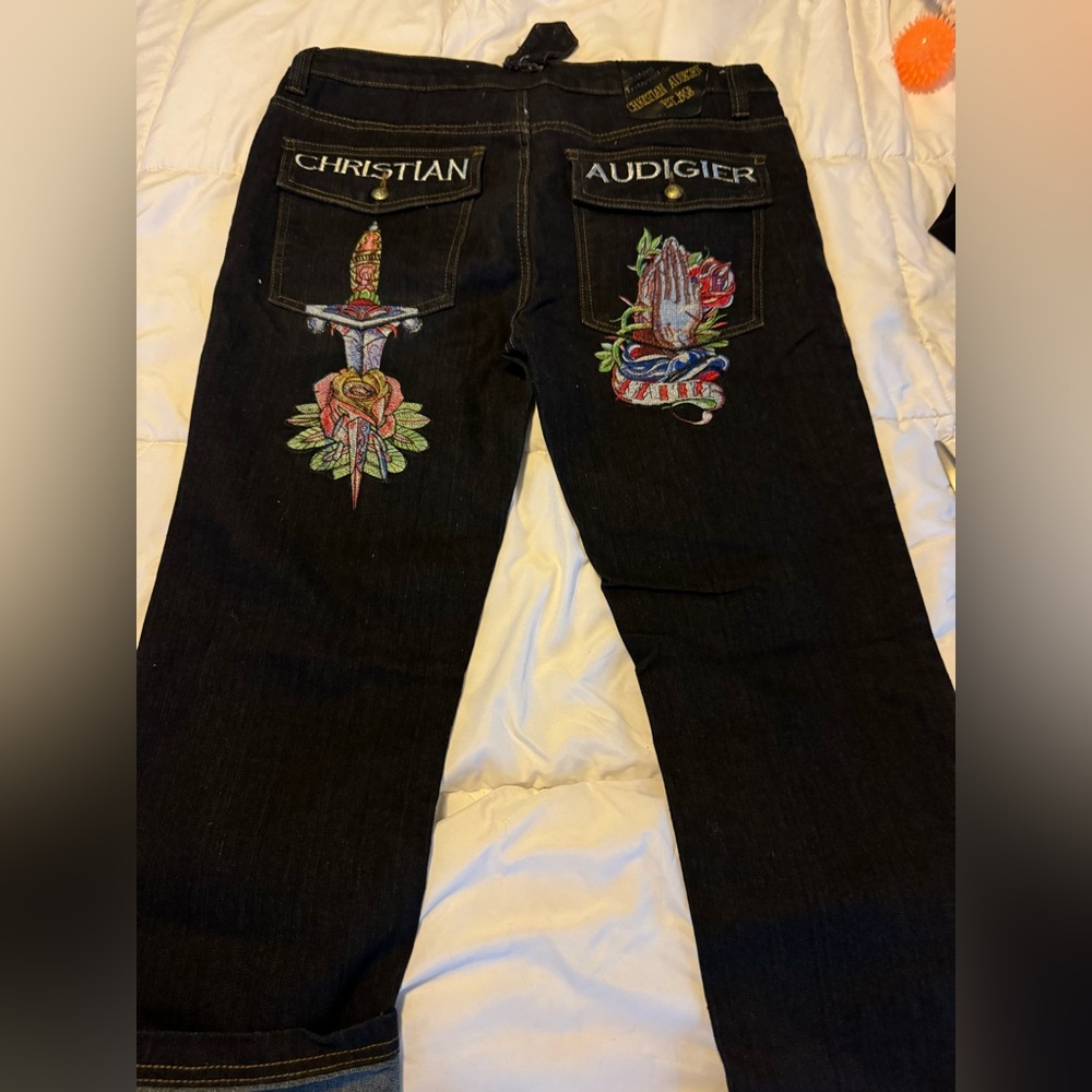 Rare Christian Audigier Embroidered Dagger & Rose Logo Jeans 35 x 36